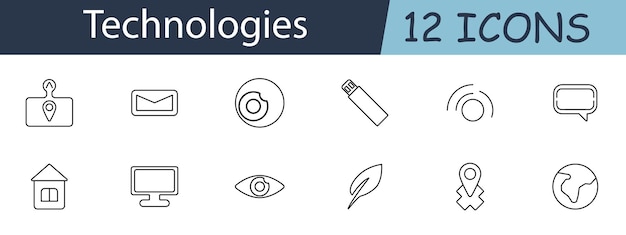 technologies set icon location pin envelope camera usb wifi message house monitor eye feather digital devices communication tools tech accessories concept