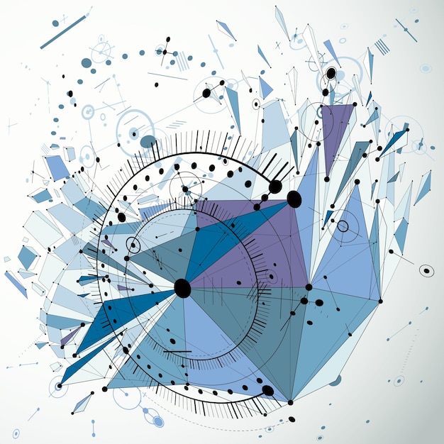 technology 3d vector drawing with low poly demolished geometric object and wireframe, blue technical wallpaper. abstract dimensional futuristic scheme of engine or engineering mechanism.