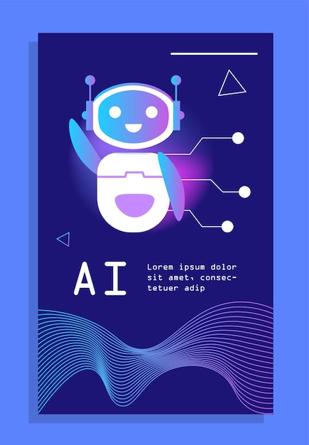 Technology AI poster concept Chatbot and helper assistant Artificial intelligence and machine learning Flyer booklet or banner Cartoon flat vector illustration isolated on blue background