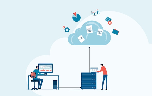 technology cloud computing  storage service concept with administrator and developer team working