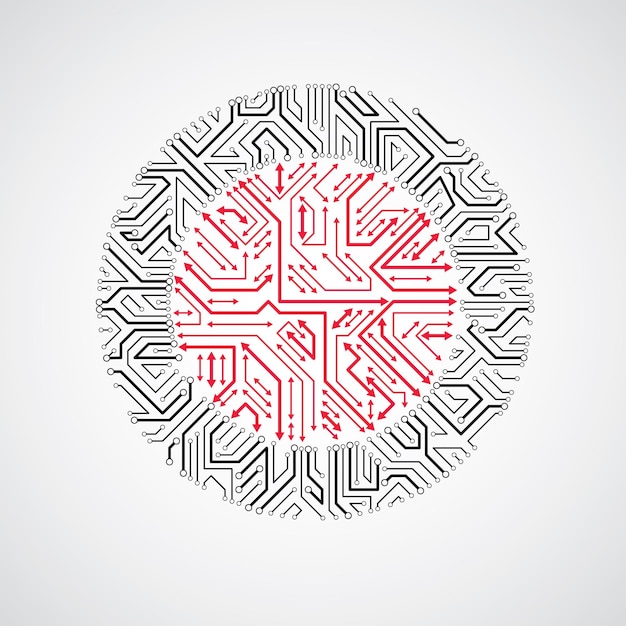 technology communication cybernetic element with arrows. vector abstract illustration of circuit board in the shape of circle.