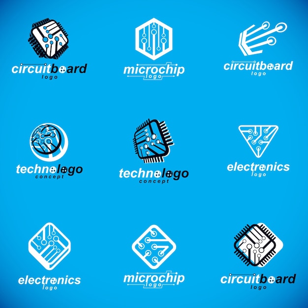 Technology communication cybernetic elements collection. Vector abstract circuit board. Set of electronic microprocessor logos.