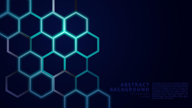 technology theme abstract background with neon green tosca effect in hexagonal shape on dark navy