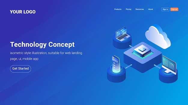 Tecnology Concept Landing page templateIsometric style illustration isolated on blue background