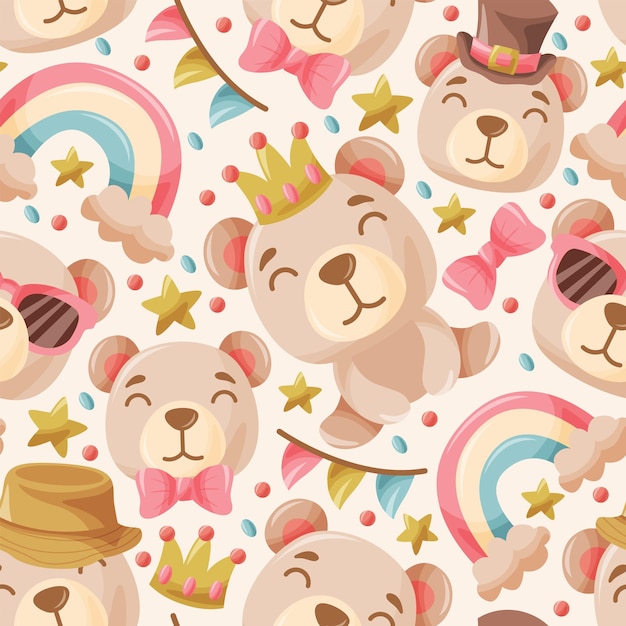 Teddy Bear Head Character Doodle Hand Drawn Seamless Pattern