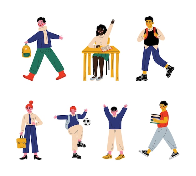 teen boy and girl going to school and having lesson vector set