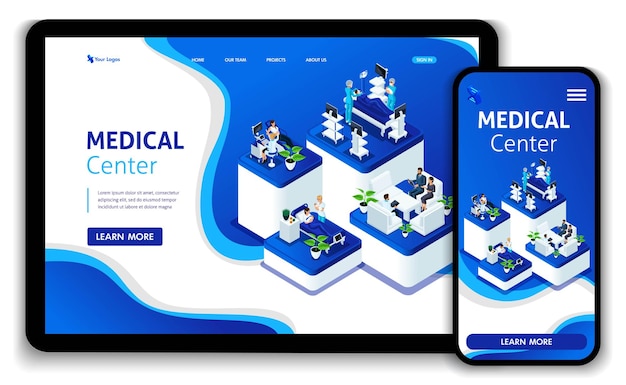 template website isometric landing page concept doctor diagnosing patient in a hospital. medical center. easy to edit and customize, responsive.