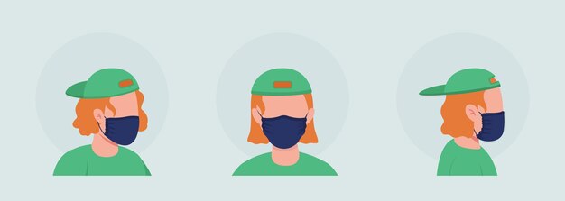 Tenåring med svart maske semi flat farge vektor karakter avatarsett