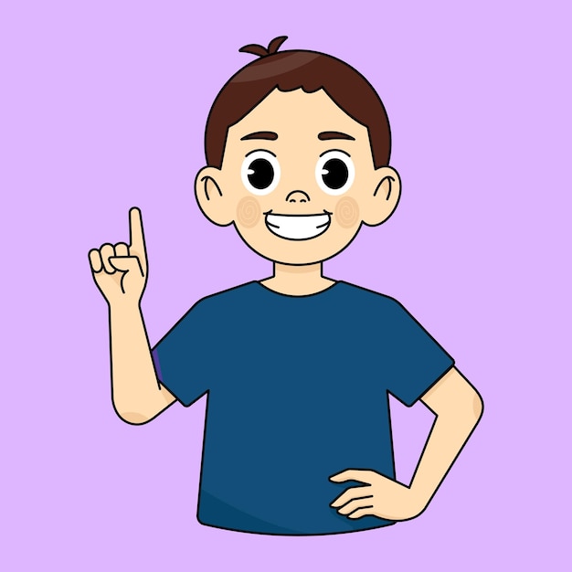 The boy smiles and points his finger up considers himself first