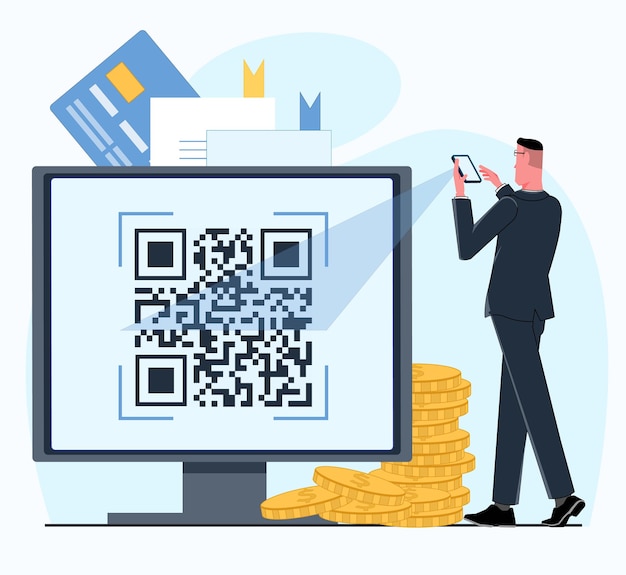 The businessman scans the qr code on the computer monitor via his smartphone cyber security