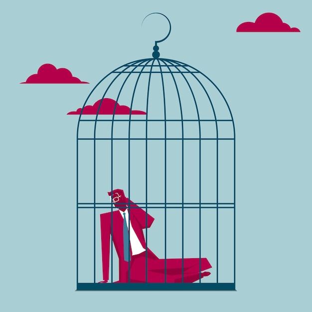 The businessman was trapped in a bird cage. Isolated on blue background.