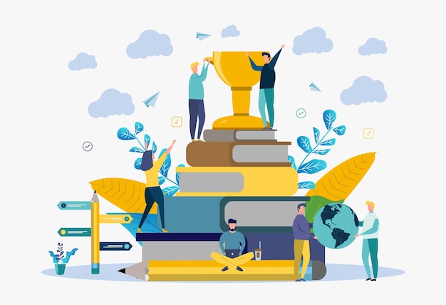 The concept of a successful education Victory number one competition knowledge skills Colorful vector illustration The metaphor of the best education online