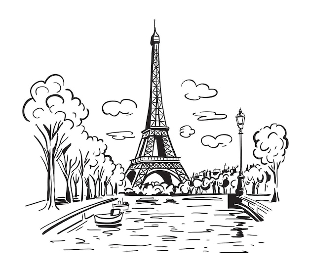The Eiffel Tower in Paris with the city in the background Landmark of Paris Vector linear