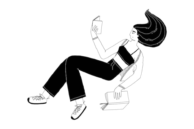 The girl reads a book lying down studying resting reading vector illustration in doodle style