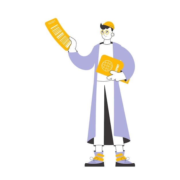 the guy is holding a ticket and a passport travel theme linear style isolated vector