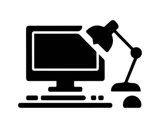 The table with the computer and lamp symbol is on a white background