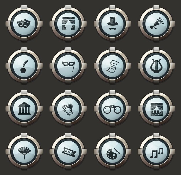Theater vector icons in the stylish round buttons for mobile applications and web