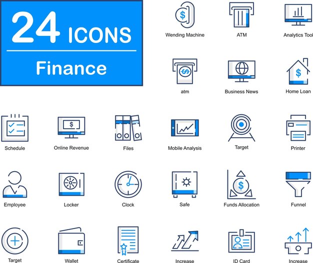 These are 24 beautiful small pixel perfect finance interface vector icons