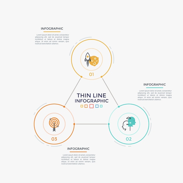 three connected round elements with thin line icons and numbers inside, text boxes. closed cyclic business process with 3 steps. simple infographic design template. vector illustration for brochure.