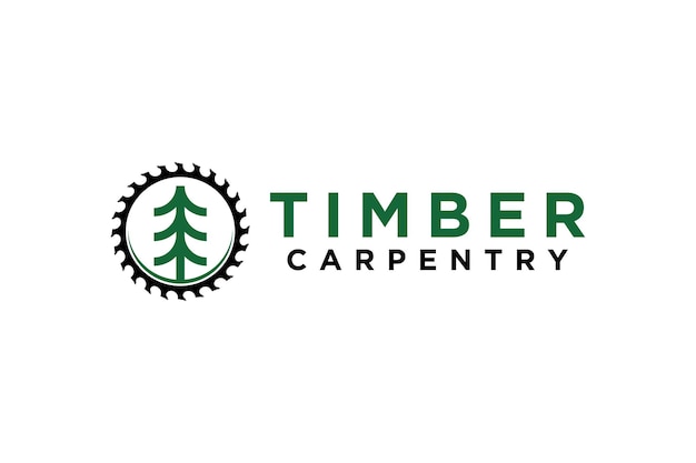 Timber carpentry logo design pine tree with circular saw element simple minimalist icon logging