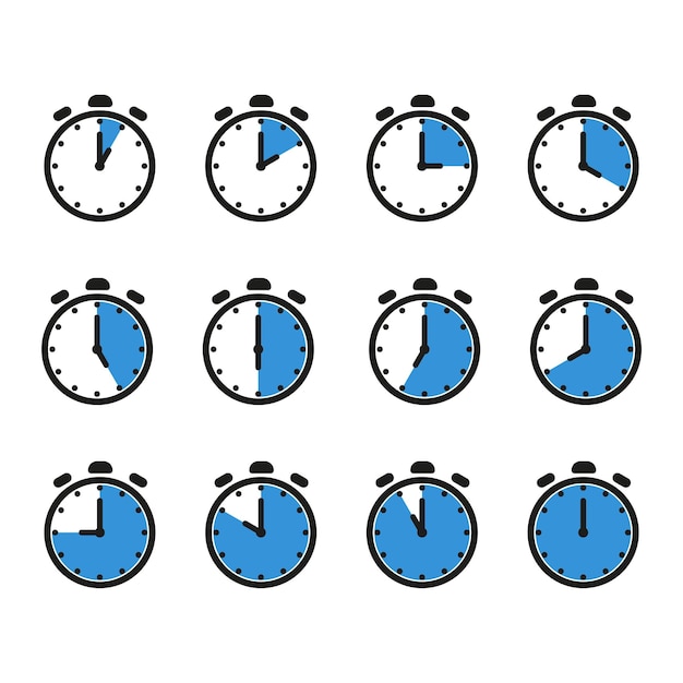 Time and clock icon set Half past of the clock signComplete twelve hours pointed clockwise oclock