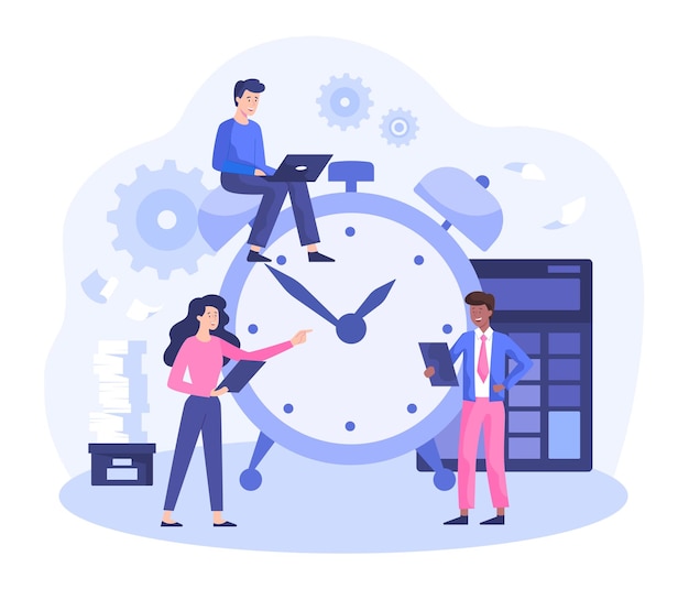 Time management concept people stand by clock and plan tasks man with notebook writes down tasks