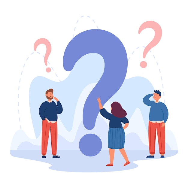 tiny cartoon business people standing around huge question mark. male and female persons asking for help or answers flat vector illustration. communication, solution concept for banner, website design