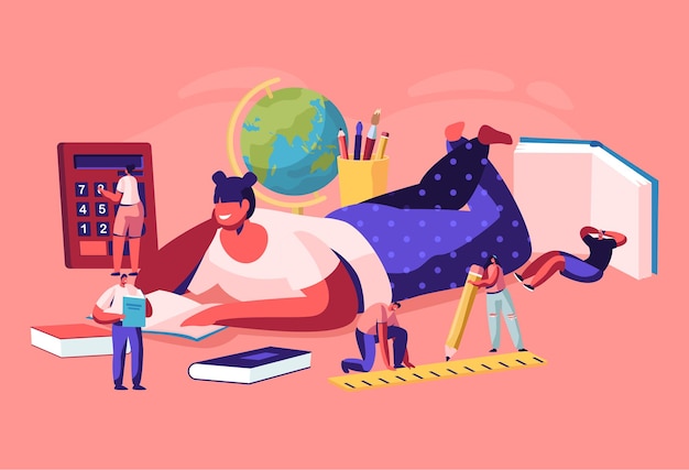Tiny Characters with School Stationery around of Huge Girl Lying on Floor Reading Book