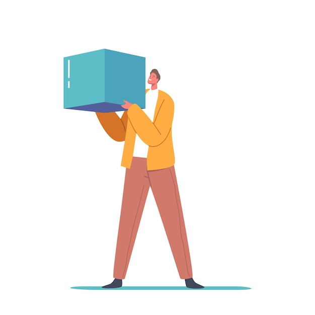 Tiny Male Character Hold Huge Cube Or Building Block Isolated On White Background Blockchain Technology