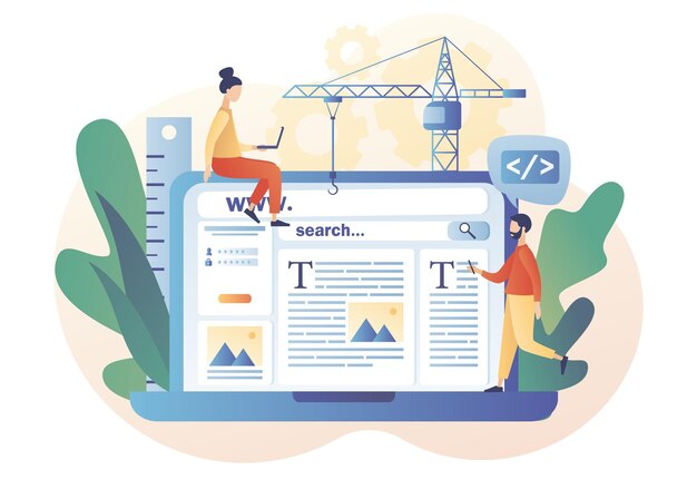 tiny people building webpage on laptop web design concept website interface design software