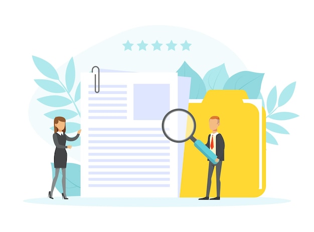 Tiny Person Searching for Job HR manager looking for Candidate with Magnifier Employment Career Concept Flat Vector Illustration