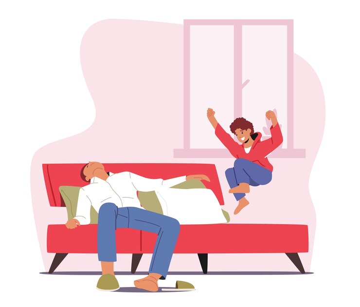 Vektor tired parent with hyperactive child at home fatigue father character sleep while son jumping on bed dad tiredness due to baby activity during weekend or lockdown cartoon people vector illustration
