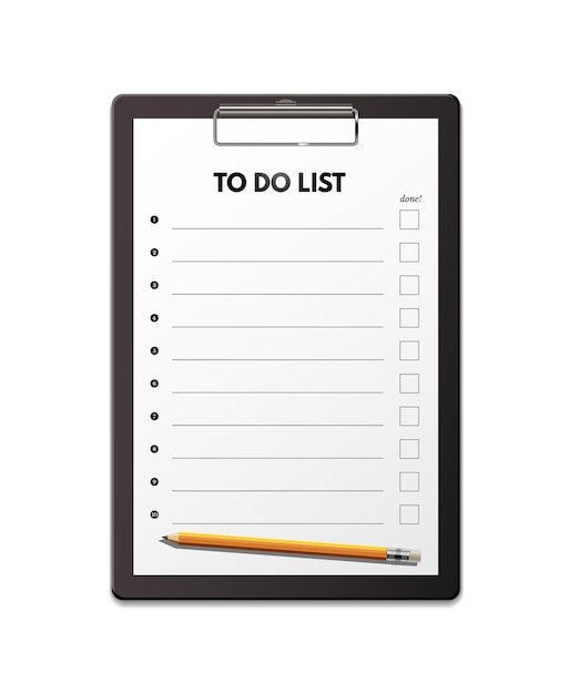 to do list attaching to clipboard illustration paper document page with blank checkboxes and pencil realistic clipart