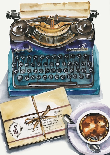 Top view Illustration of writer workplace. vintage typewriter, manuscript, coffee cup, sheets of paper. Conceptual flatlay illustration of writing, storytelling