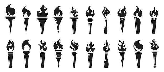 Torch flame icons Big set of different torch fire flames in black