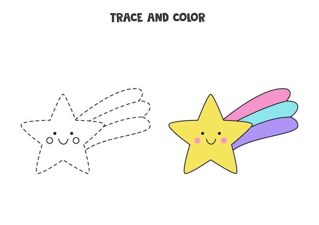 Trace and color cute kawaii star. Educational game for kids. Writing and coloring practice.