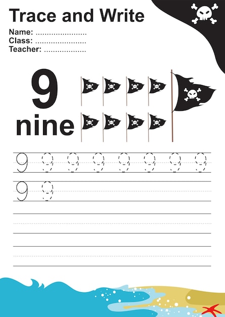 Trace and write number for children. Exercise for children to recognize the number. Vector file.