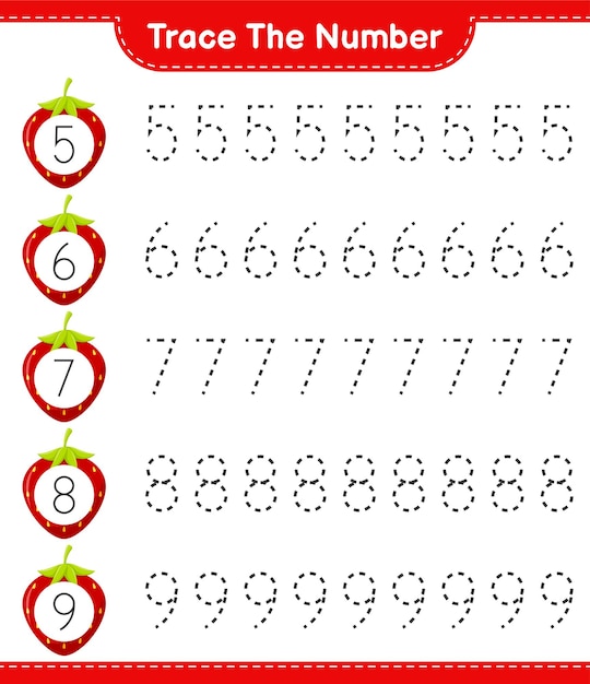 trace the number. tracing number with strawberry. educational children game, printable worksheet 