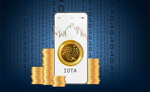 Trade iota cryptocurrency on your mobile phone through the Cryptocurrency system Growth chart on binary code background Vector illustration