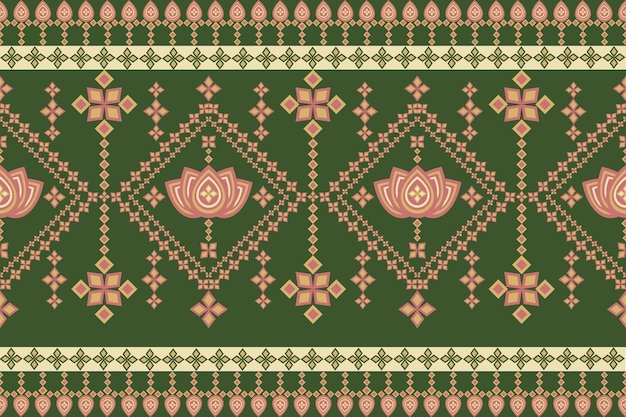 Traditional Thai Lotus Pattern on Green Background Fabric Thai seamless floral pattern