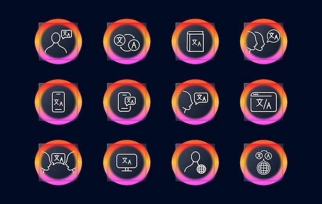 Translator set icon Translation service speech bubble different languages interpreter app dictionary Polyglot concept Glassmorphism style Vector line icon for Business and Advertising