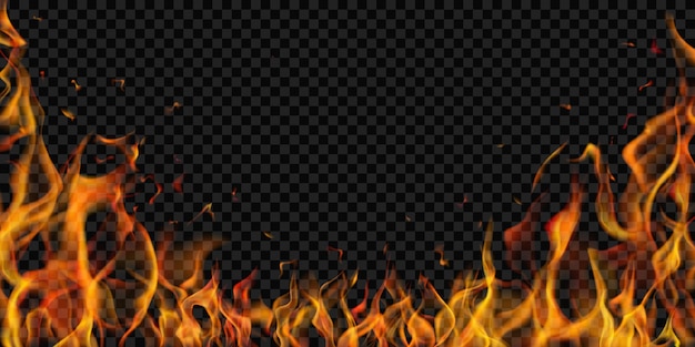 Translucent fire flames and sparks on transparent background For used on dark illustrations