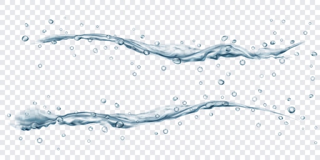 Translucent water jets with drops in gray colors, isolated on transparent background. Transparency only in vector file