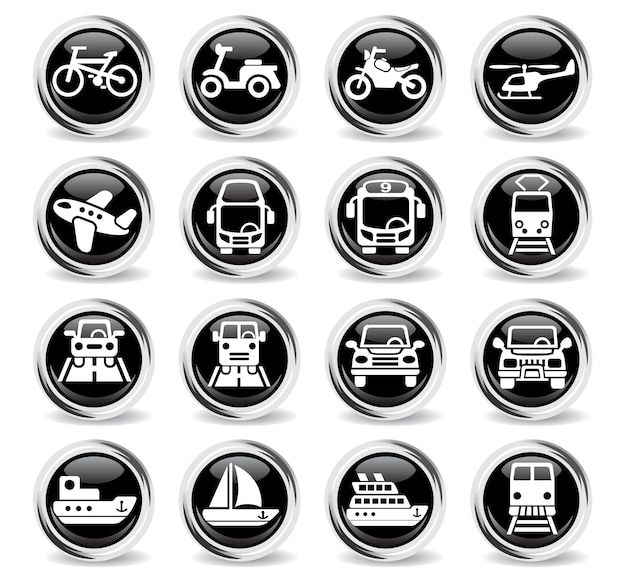 Transport icons on round black buttons with metal ring
