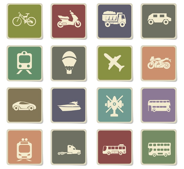 Transport types icons on square paper stickers with shadow