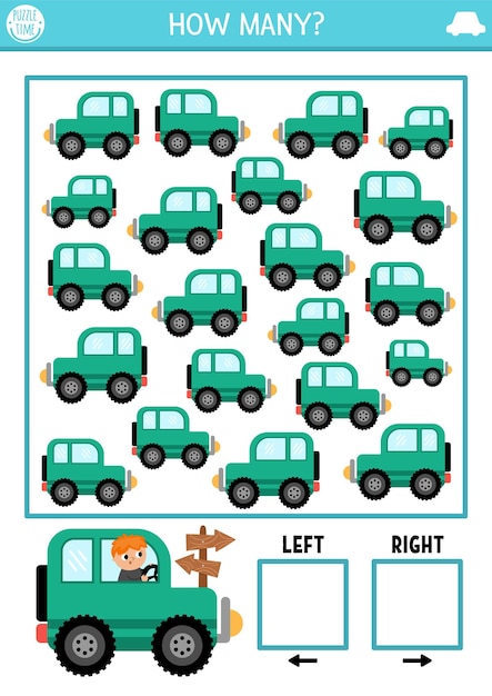 Transportation logic game with right and left concept for kids I spy searching counting activity