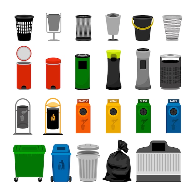 Trash cans colorful icons collection, on white  