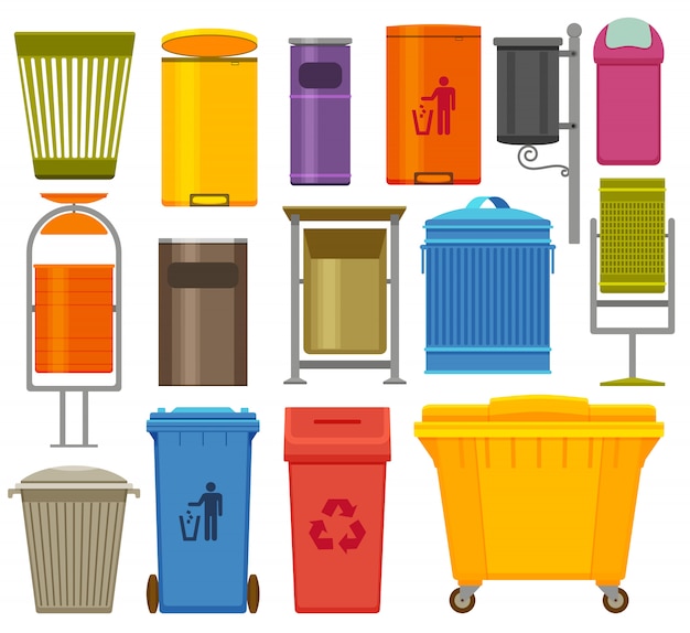 Trash containers colorful icons set.  illustration