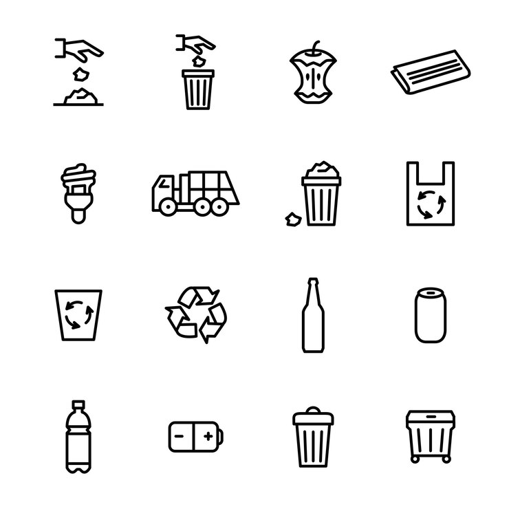 Trash Garbage Related Black Thin Line Icon Set Include of Lamp Bag and Glass Bottle Vector illustration of Icons