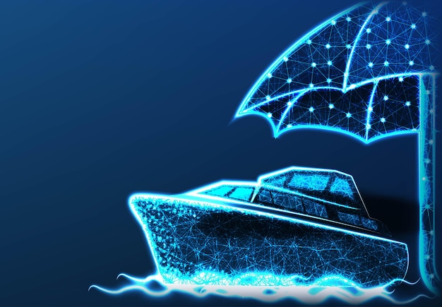 travel concept with umbrella and ship from line and dot abstract low poly wireframe mesh design vector illustration blue background
